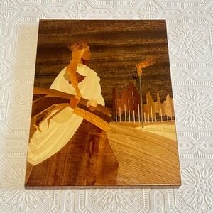 Vintage Riga USSR Wood Marquetry Inlay Wall Art Woman Harvest Cityscape 11x8.5